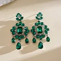 Detail of vintage emerald green crystal drop earrings with chandelier tassels - Square Flower Tassel Earring Post Style (HE35116) / Green