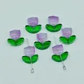 Perline a forma di tulipano in vetro sfumato viola e verde per gioielli fai da te. - Fiore: 9x9x5.5mm; Foglia: 14x7x5mm / Viola