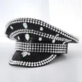 Macro detail of punk style black captain hat adorned with silver spikes and rhinestones - Adjustable / Silver Black