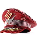 Detailed macro view of red sequin punk military hat featuring spikes and rhinestone cross - Adjustable / Red