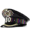 Detailed view of punk style captain hat with colorful rhinestones and 30 pearl patch - Adjustable / Style 30 (Black Sequin)