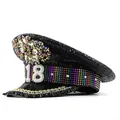 Detailed view of punk black navy hat with rainbow rhinestones and pearl number 18 - Adjustable / Type 18 Style