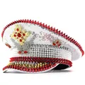 Detailed view of a punk style white navy hat with red spikes and sparkling sequins - Adjustable / White (Punk Heavy Craft)