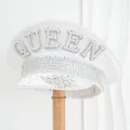 Detailed view of a white sparkly captain hat with QUEEN pearl letters and rhinestones - Adjustable / White - QUEEN