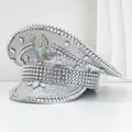 Punk style silver sequin navy hat with metallic spikes and iridescent rhinestones - Adjustable / Small Silver Badges