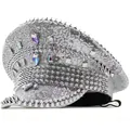 Chapeau de capitaine militaire à paillettes argent avec clous punk et décor en strass coloré - Réglable / Argent