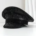 Black punk style military captain hat decorated with sequins, studs and rhinestones for y2k - Adjustable / Small Black Badges