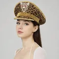 Punk style leopard print military hat with gold spikes and leopard head embellishment - Adjustable / Khaki Leopard