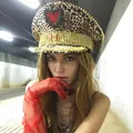 Punk style leopard print military hat featuring a red heart and gold studs décor - Adjustable / Leopard Heart