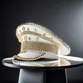 Luxury white captain hat decorated with gold spikes and rhinestones for Y2K stage fashion - Adjustable / White Gold (Sequin Spike Style)