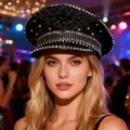Black punk style captain hat with silver studs and rhinestones shown on a female model - Adjustable / Black Flower Rhinestones