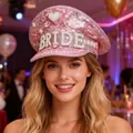 Pink sequined bride captain hat with elegant pearl and rhinestone lettering for parties - Adjustable / Pink-Heart Letters