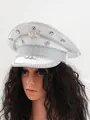 White Y2K punk style captain hat embellished with rhinestones and iridescent gems - Adjustable / White Rhinestone