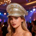 Glamorous silver punk navy hat with intricate gold studs and yellow rhinestone details - Adjustable / Silver-Gold Mix