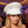 Exquisite white pearl and rhinestone military bride hat for wedding parties and bachelorette events - Adjustable / White Pearl Letters - Large Sequins