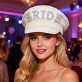 Elegant white bridal captain hat featuring pearl and rhinestone BRIDE lettering - Adjustable / White Pearl Letters - Small Sequins