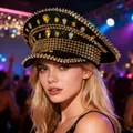 Punk style rhinestone studded navy captain hat for women Y2K festival party wear - Adjustable / Black & Gold