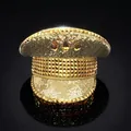 Luxury gold sequined captain hat with metallic studs and amber teardrop gems for party - Adjustable / Gold Rhinestone Style