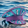 Sparkly blue sequined Y2K navy hat with purple punk spikes and pink heart rhinestones - Adjustable / Purple Blue Rhinestone Style