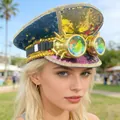 Luxury sequined punk captain hat featuring gold steampunk kaleidoscope goggles for women - Adjustable / Burning Man Gold Hats