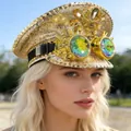 Glamorous gold sequined punk captain hat with rhinestones and steampunk goggles accessory - Adjustable / Burning Man Goggles Gold Hats