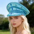 Punk style Y2K blue military hat with sequins and spikes on female model - Adjustable / Blue Large Sequin Punk Studs