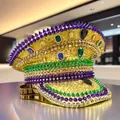 Luxury gold sequin captain hat with purple spikes and colorful rhinestones y2k style - Adjustable / Carnival Punk Studs