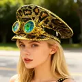 Punk style leopard sequin navy cap with gold spikes and prismatic goggles - Adjustable / Leopard Print Glasses