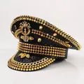 Handcrafted punk style navy hat with golden spikes and sparkly rhinestone embellishments - Adjustable / Punk Crown Emblem Style / Gold