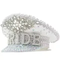 Glittering white captain hat with pearl BRIDE lettering for wedding bachelorette party - Adjustable / BRIDE Bachelorette Party Letter Style / White