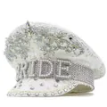 White bridal captain hat decorated with rhinestones, pearls and sequins with 'BRIDE' lettering - Adjustable / Heavy Rhinestone BRIDE Style / White