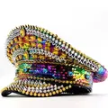 Handmade rainbow sequin punk military captain hat with gold spikes and yellow gems - Adjustable / Laser Gradient Rhinestone Style / Rainbow