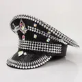Black punk captain hat with silver studs and iridescent rhinestones for Y2K style - Adjustable / Black Studded Punk Style / Black