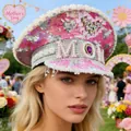 Elegant pink Y2K punk style captain hat featuring sequins pearls and rhinestones - Adjustable / MOM Mother's Day Letter Style / Pink