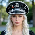 Black Y2K punk military hat with silver studs, spikes, and Halloween-themed charms - Adjustable / Halloween Punk Theme Style / Black