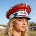 Patriotic rhinestone captain hat with punk spikes and American flag sequin design. - Adjustable / Independence Day Rhinestone Captain Hats