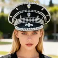Glamorous punk style black navy hat featuring silver spikes, sequins and large teardrop crystals - Adjustable / Black and Silver Rhinestone Captain Hats