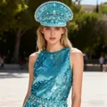 Punk style Y2K blue sequined captain hat with rhinestones and studs decoration - Adjustable / Blue Rhinestone Captain Hats