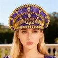 Glamorous purple sequined navy hat in punk style with gold spikes and yellow crystals - Adjustable / Purple and Gold Rhinestone Captain Hats