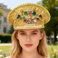 Ornate gold rhinestone encrusted navy hat with punk Y2K bee and floral accents - Adjustable / Bee Festival Rhinestone Captain Hats