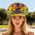 Punk Y2K style navy hat with colorful sequins, blue jewels, and gold spikes - Adjustable / Carnival Sequin Rhinestone Captain Hats