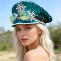 Teal sequined captain hat with decorative rhinestones and steampunk goggles in SKU view - Adjustable / Teal Green with Goggles