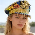Y2K punk style jeweled navy hat with rainbow sequins and gold chain tassels - Adjustable / Rhinestone with Tassels