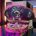 Pink sequined punk captain hat with rhinestone eye and metal studs in Y2K style. - Adjustable / Purple - One Eye