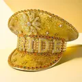Gold sequined captain hat with pearl BRIDE lettering and colorful rhinestones - Adjustable / Gold-BRIDE