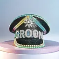 Luxury punk style Y2K rhinestone navy captain hat with 'GROOM' crystal lettering for parties - Adjustable / Black - GROOM