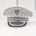 Silver punk style military captain hat with rhinestones studs and leopard emblem - Adjustable / Silver - Leopard Head