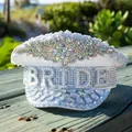 White rhinestone encrusted navy captain hat with pearl BRIDE lettering for weddings - Adjustable / BRIDE-White (Artificial Pearl Rhinestone)