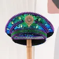 Vibrant punk style captain hat with emerald sequins, purple spikes and emerald gems - Adjustable / Green Purple-Gradient Sequins