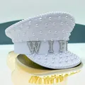 Elegant white pearl-embellished sailor hat featuring rhinestone 'WIFE' lettering - Adjustable / WIFE-White (Artificial Pearl Rhinestone)